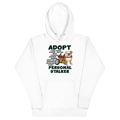 "Adopt A Personal Stalker" English Bulldog Unisex Hoodie | Red & White Colored in Wheelchair