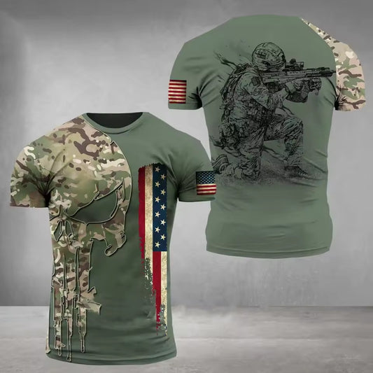 3D Military Tactical T-Shirt – American Flag Skull & Soldier Camouflage Tee for Men