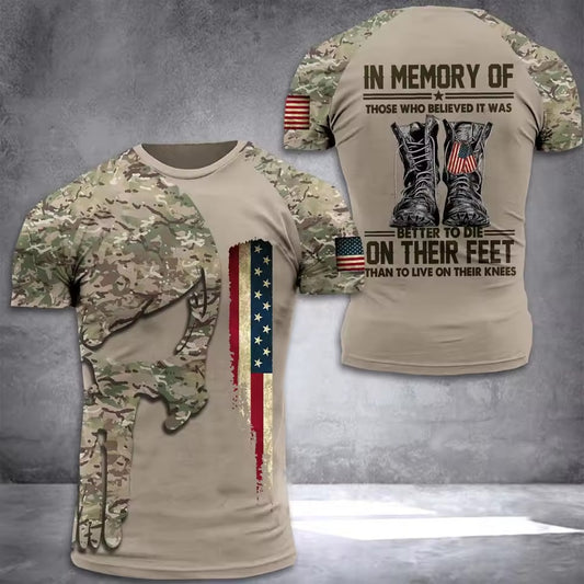 3D Military Memorial T-Shirt – American Flag Skull & Tribute Veteran Tee