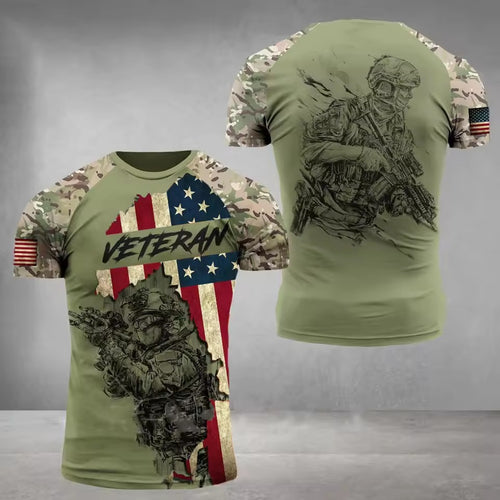 Veteran Military 3D Camouflage T-Shirt – American Flag Tactical Soldier Print Tee for Men