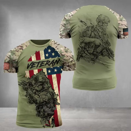 Veteran Military 3D Camouflage T-Shirt – American Flag Tactical Soldier Print Tee for Men