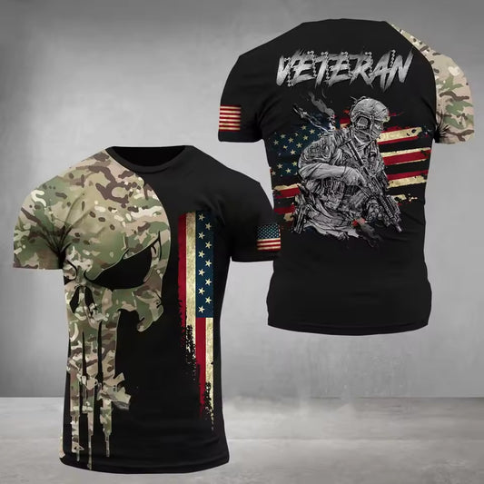 3D Veteran Military T-Shirt – Camouflage American Flag Soldier Tee