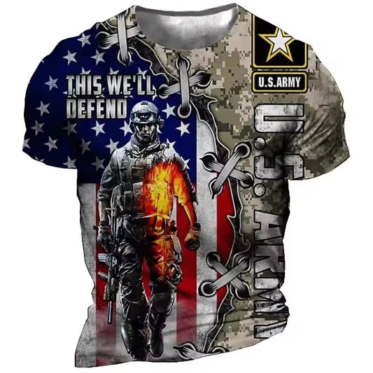 U.S. Army 3D Military T-Shirt – American Flag Soldier Graphic Tee "This We’ll Defend"
