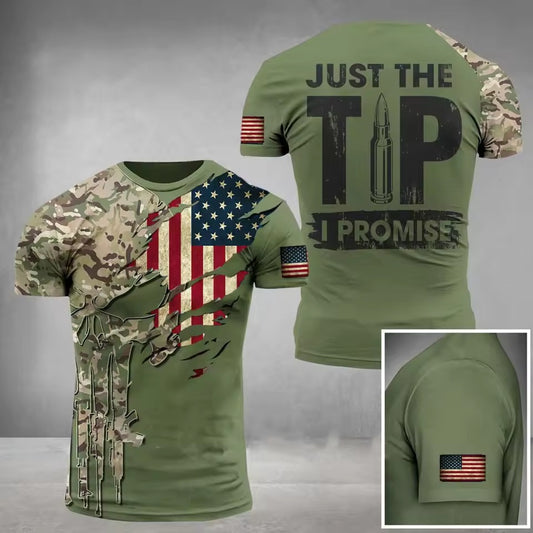 Military 3D Camouflage T-Shirt – American Flag Patriotic Tee for Men with Rifle Graphic