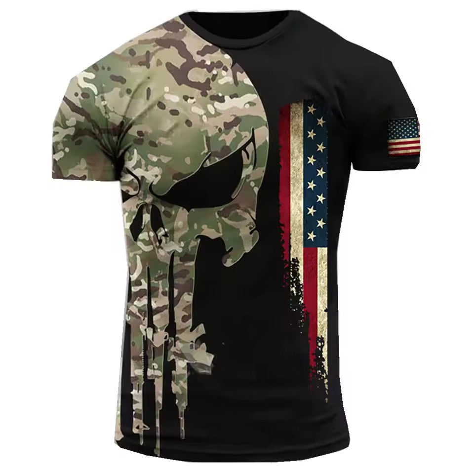 Camo Skull 3D Tactical T-Shirt with American Flag Print
