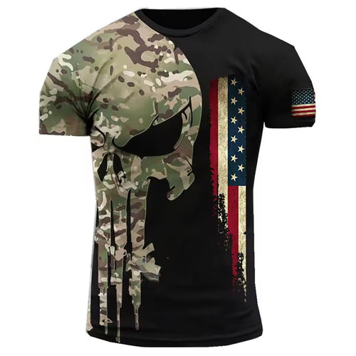 Camo Skull 3D Tactical T-Shirt with American Flag Print