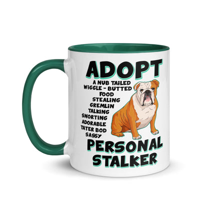 "Adopt A Personal Stalker" English Bulldog Mug | Red & White Colored