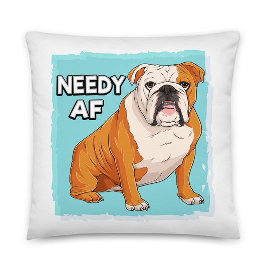 "Needy AF" English Bulldog Throw Pillow | Red & White Colored