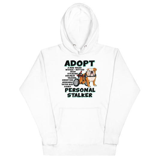 "Adopt A Personal Stalker" English Bulldog Unisex Hoodie | Red & White Colored in Wheelchair
